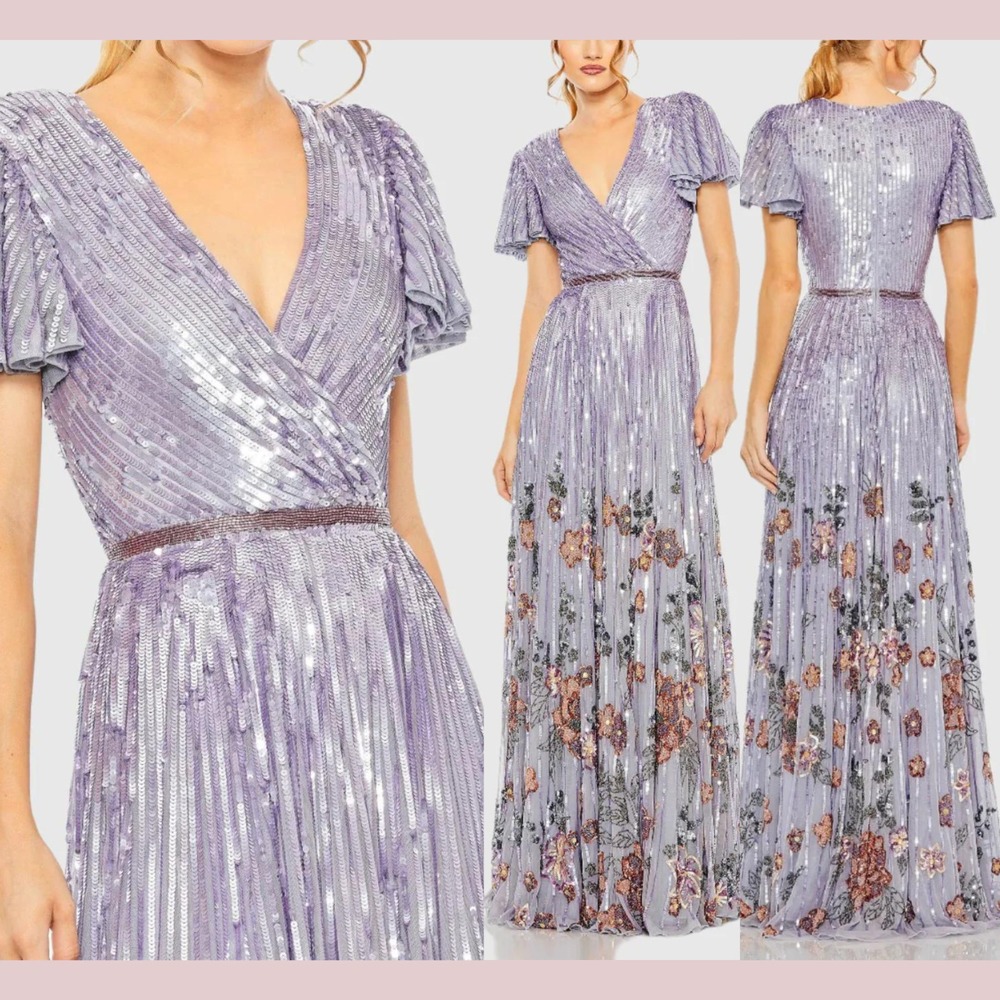 NWT $798 Mac Duggal [ 12‎ ] 5637 Flounce Sleeve V Neck Gown A Line Lilac #Q1118